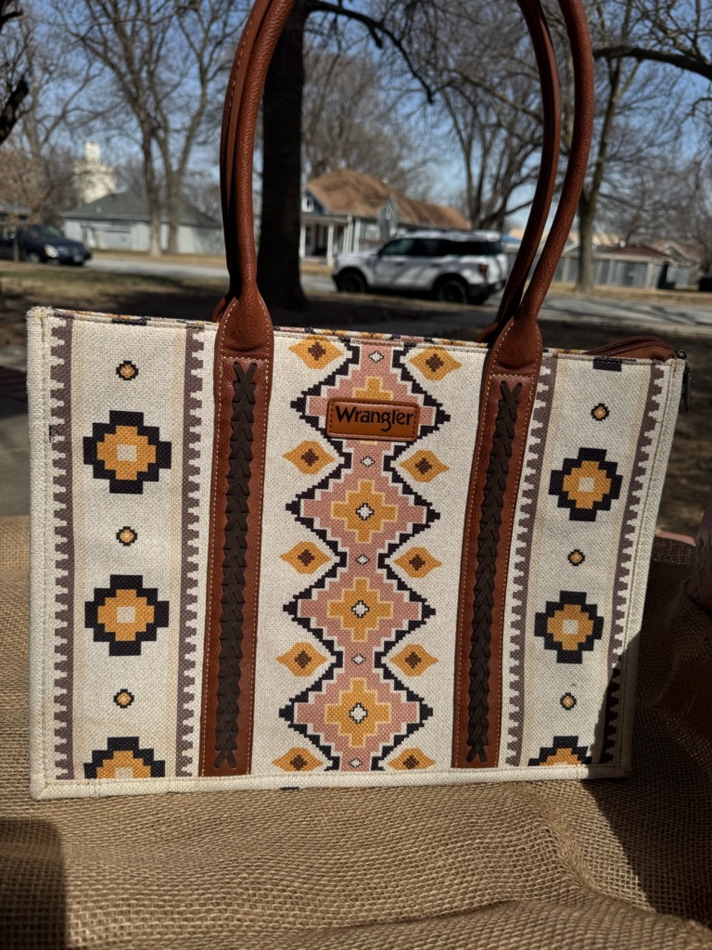Wrangler Beige Canvas Tote with Brown Leather Trim and Mustard Accents